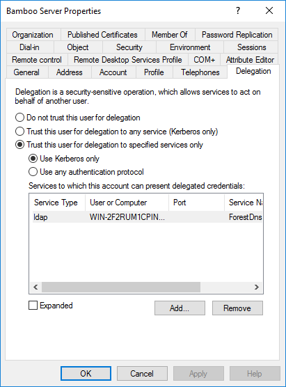 Bamboo service account in AD - Delegation