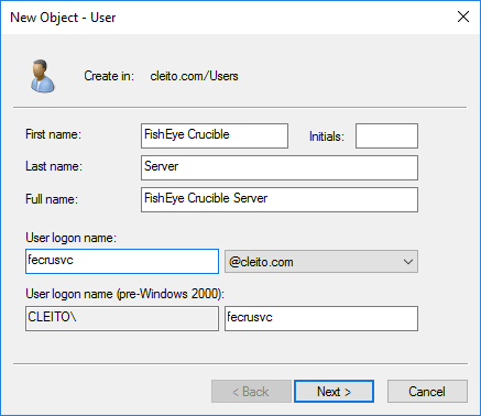 FishEye/Crucible service account creation in AD - Step 2