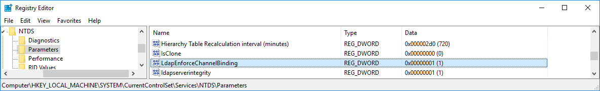 LdapEnforceChannelBinding Windows registry - Active Directory Domain Controller